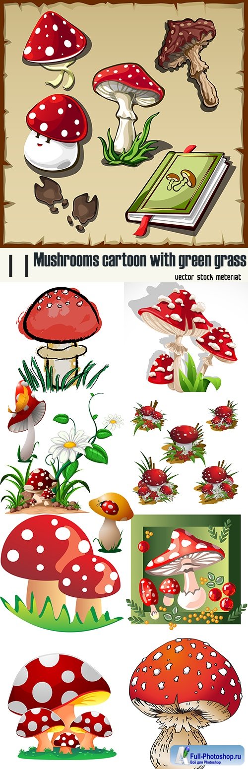 Mushrooms cartoon with green grass