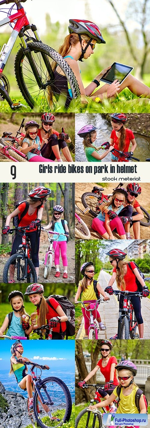 Girls ride bikes on park in helmet