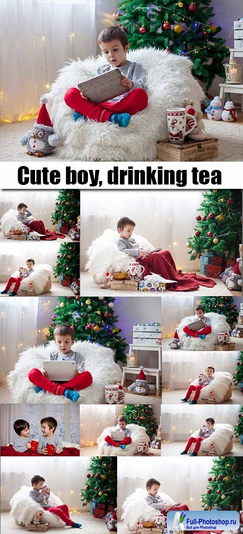 Cute boy, drinking tea and enjoying Christmas