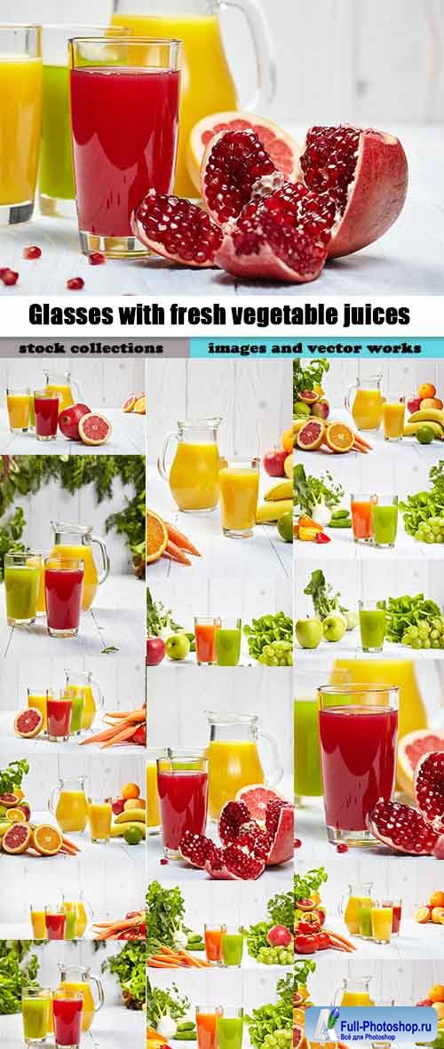 Glasses with fresh vegetable juices isolated on black