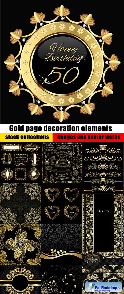 Gold page decoration elements on black and vintage backgrounds 