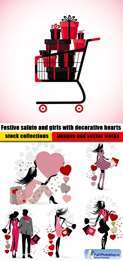 Festive salute and girls with decorative hearts