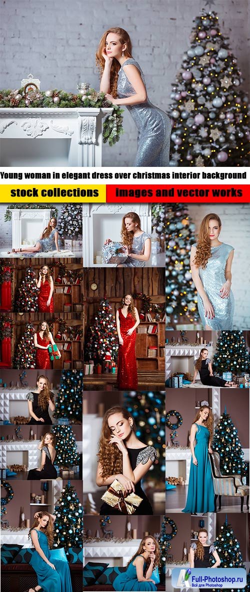 Young woman in elegant dress over christmas interior background