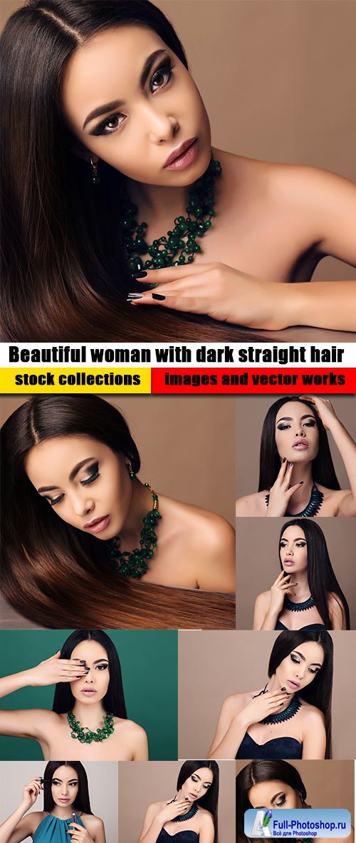 Beautiful woman with dark straight hair with bright makeup