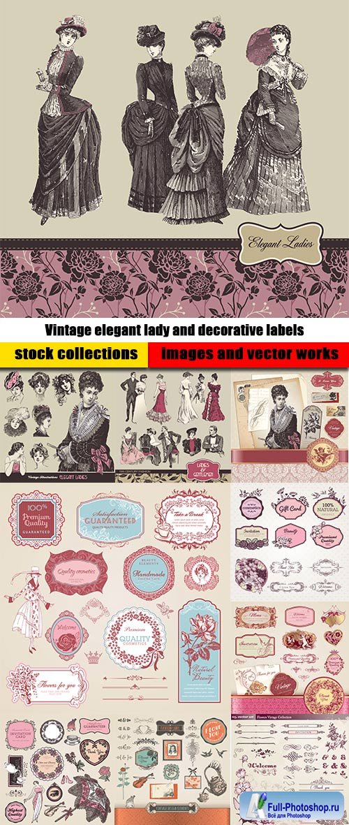Vintage elegant lady and decorative labels