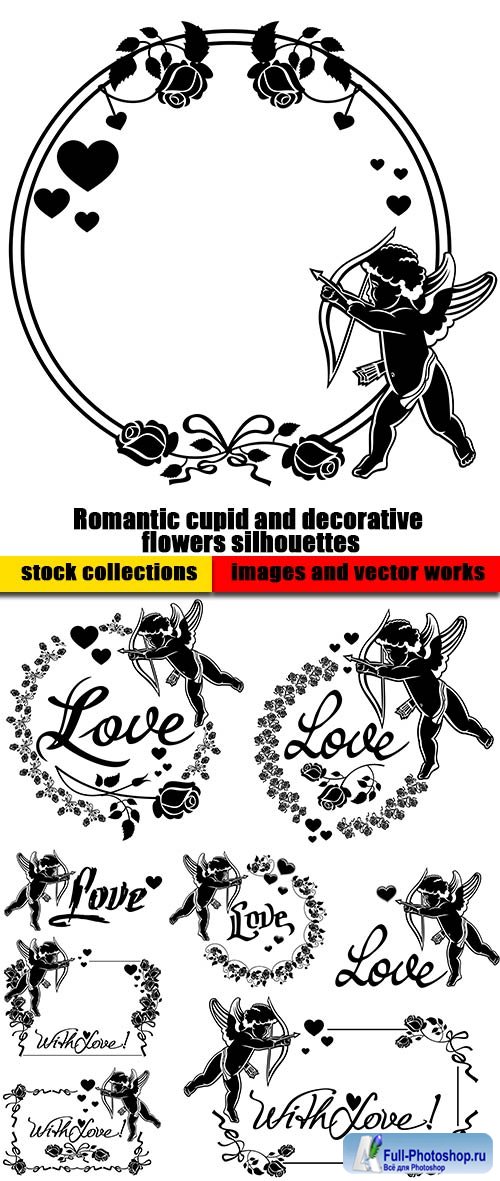Romantic cupid and decorative flowers silhouettes