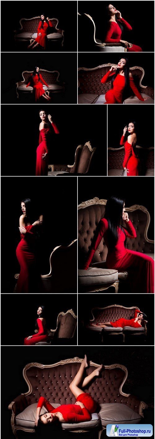 Elegant woman in red dress in darkness - Female in dramatic light, Set of 13xUHQ JPEG Professional Stock Images