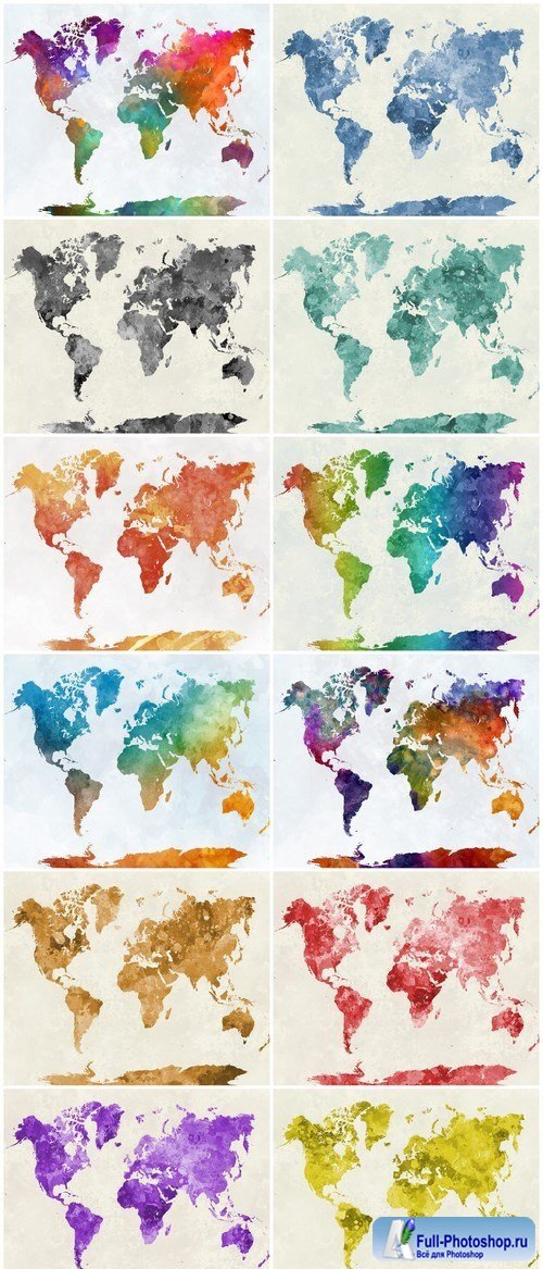 World map in watercolor rainbow - Set of 12xUHQ JPEG Professional Stock Images