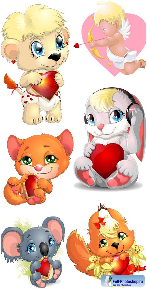 Angels, animals with hearts, Valentine's Day - vector