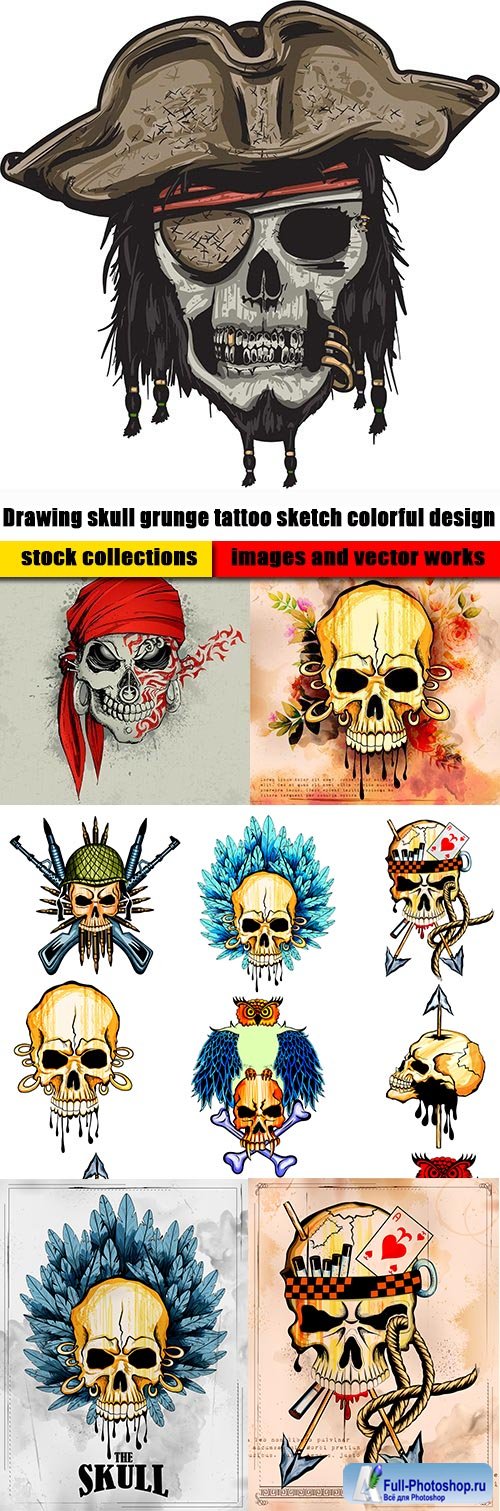 Drawing skull grunge tattoo sketch colorful design