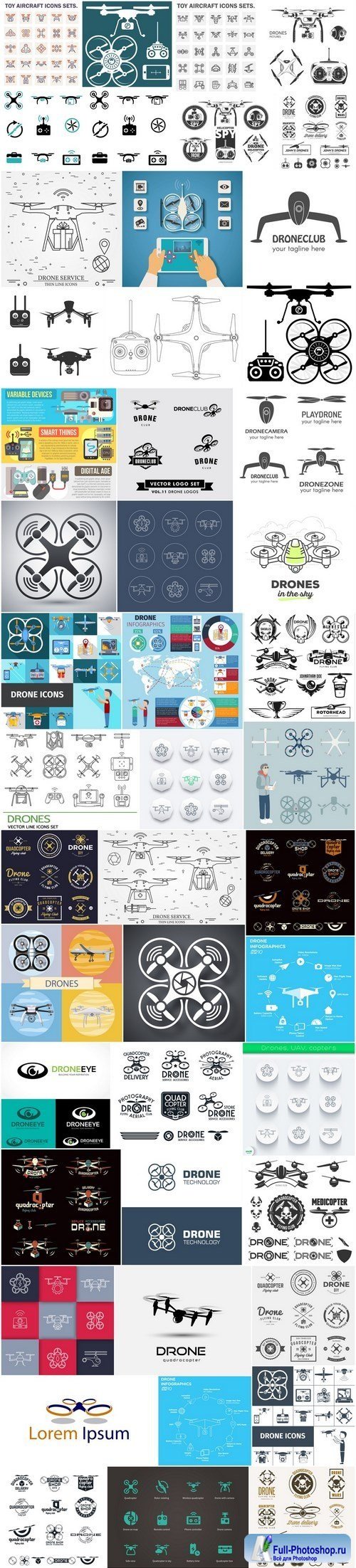 Drone and Quadcopters - Set of 50xEPS Professional Vector Stock