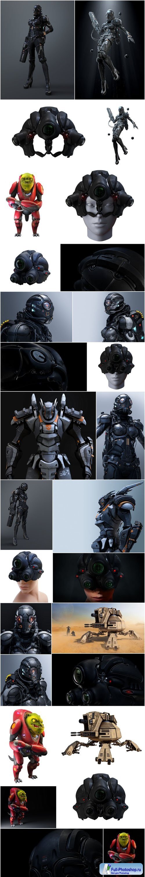 3D rendering cyborg girl, robot and space pirate - Set of 28xUHQ JPEG