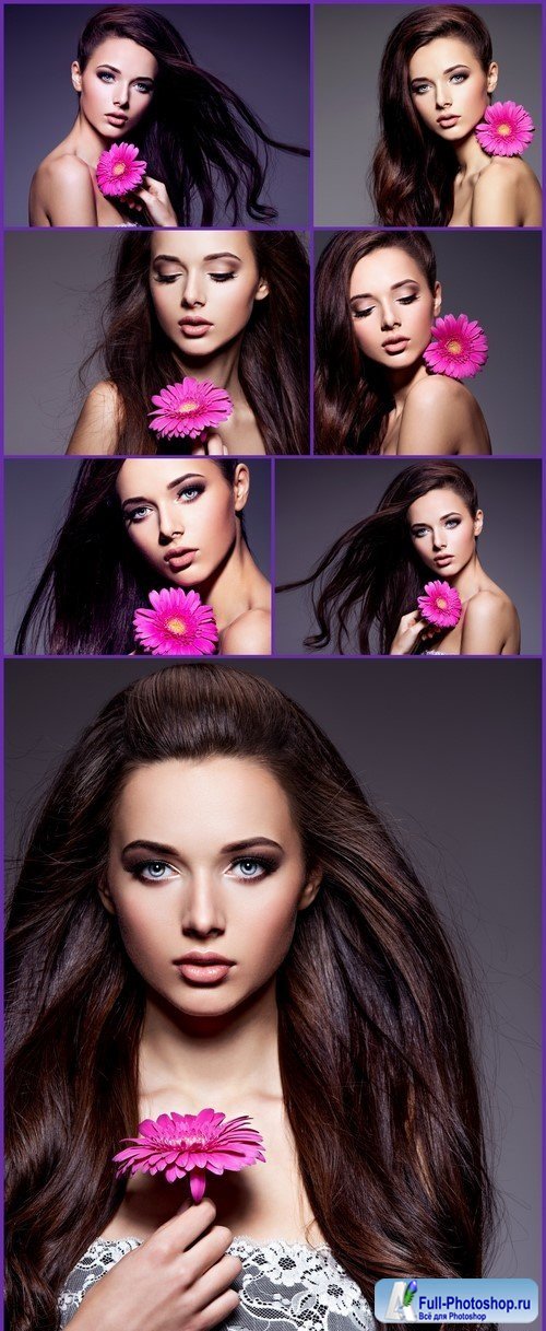 Portrait of beautiful young woman long brown hair with pink flower 7X JPEG