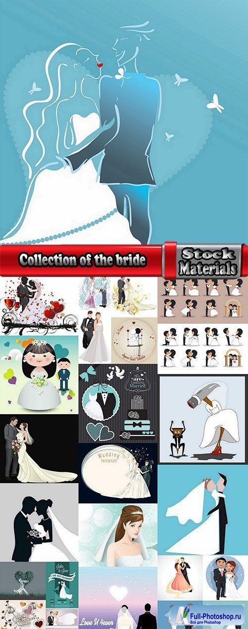 Collection of the bride and groom wedding cartoon couple card invitation flyer banner