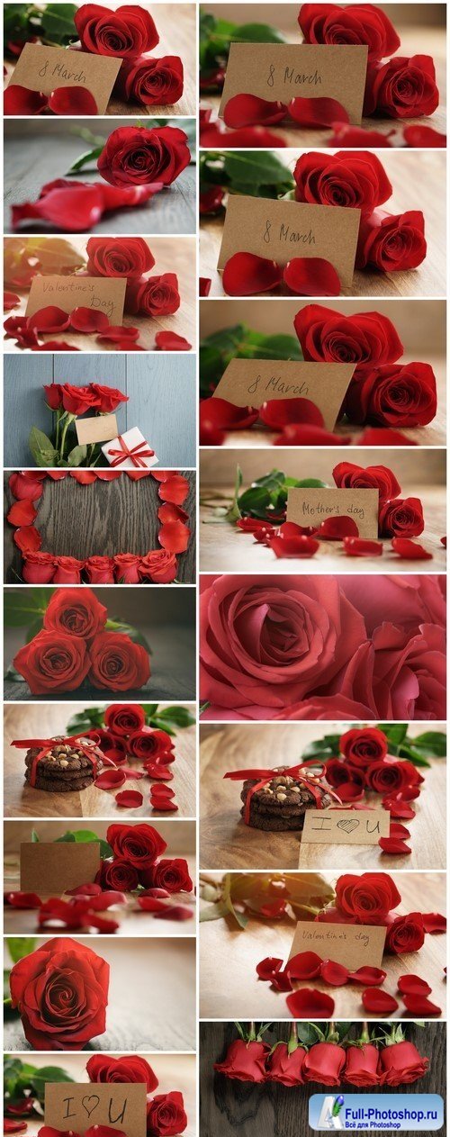 Red roses and petals on old wood table with 8 march paper card 18X JPEG
