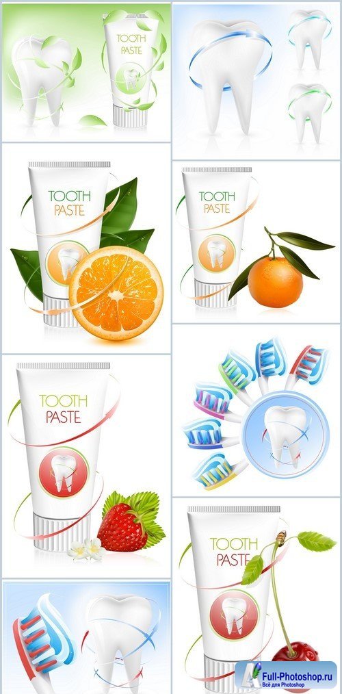 Dental concept White tooth, toothbrush and toothpaste 8X EPS