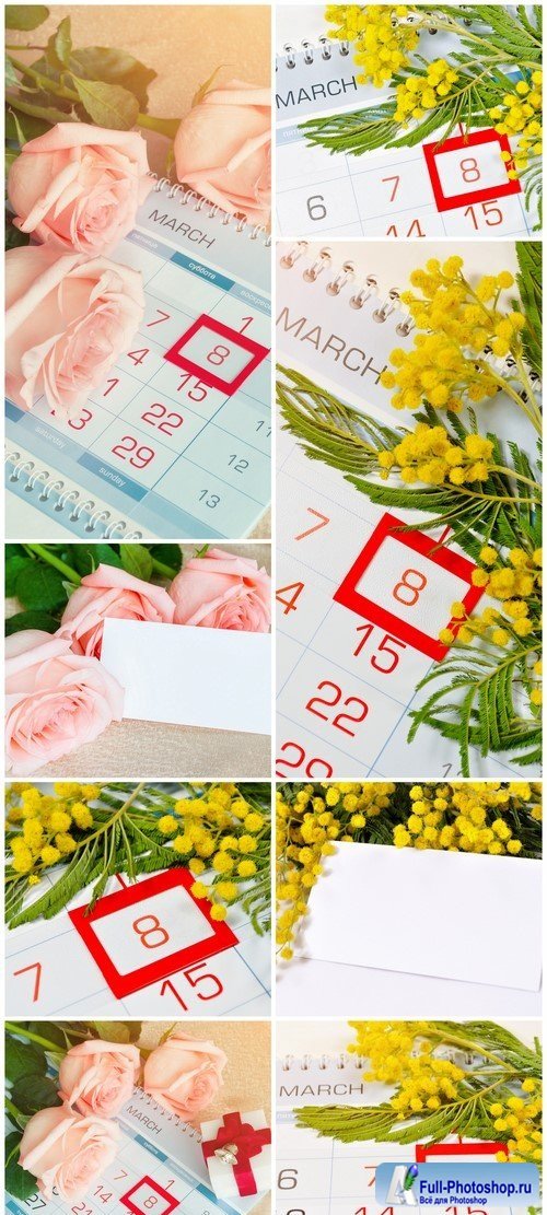 8 March card - mimosa flowers over the calendar 8X JPEG