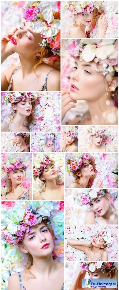 Beautiful young woman in a wreath of flowers roses15X JPEG