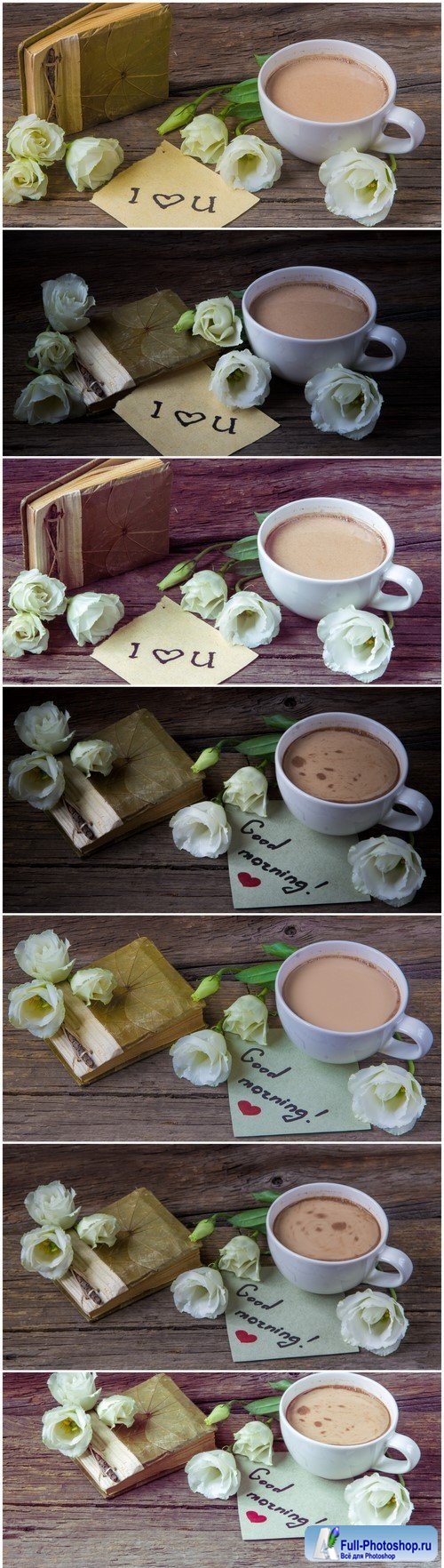 Coffee cup flower lisianthus and notes good morning on wooden background 7X JPEG