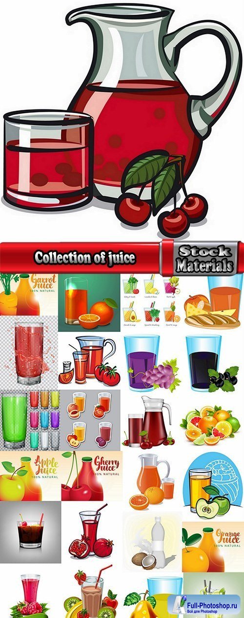 Collection of juice fruits vegetables healthy drink vitamin printing on a postcard 25 EPS