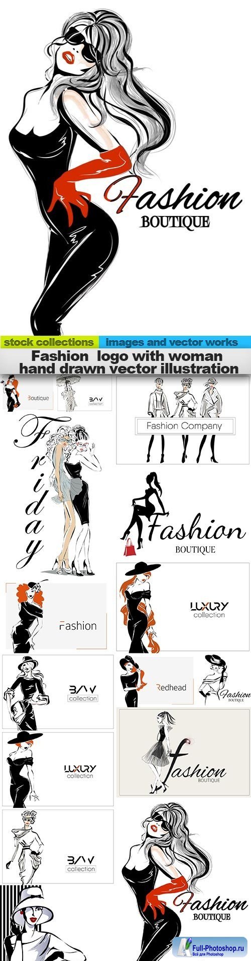 Fashion logo with woman hand drawn vector illustration, 15 x EPS