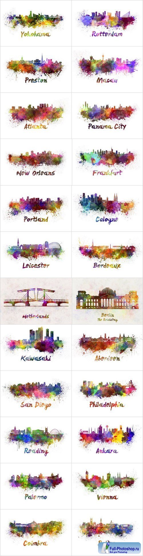 Silhouettes of cities & Skyline in watercolor - Set of 26xUHQ JPEG Professional Stock Images