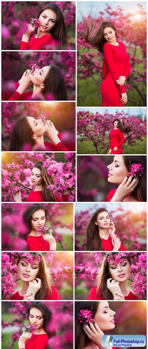 Happy beautiful young woman in blossom park with trees and flowers 15X JPEG