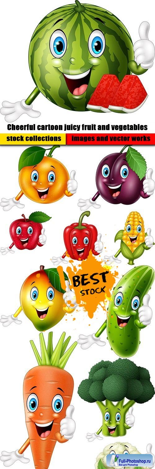 Cheerful cartoon juicy fruit and vegetables