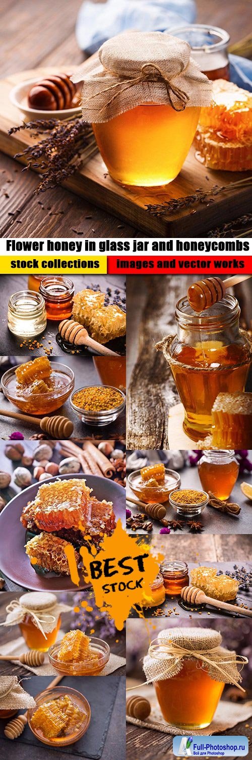 Flower honey in glass jar and honeycombs