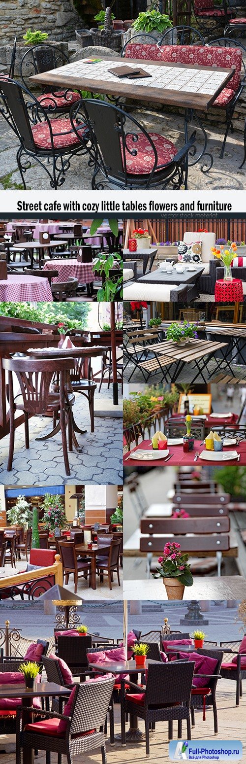 Street cafe with cozy little tables flowers and furniture