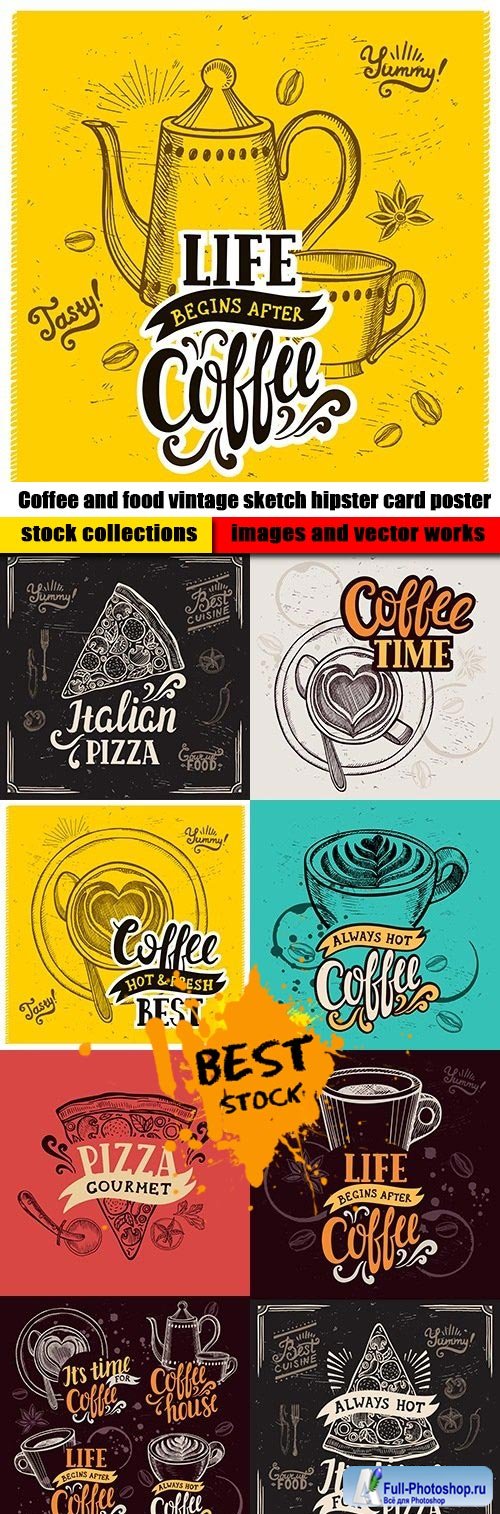 Coffee and food vintage sketch hipster card poster