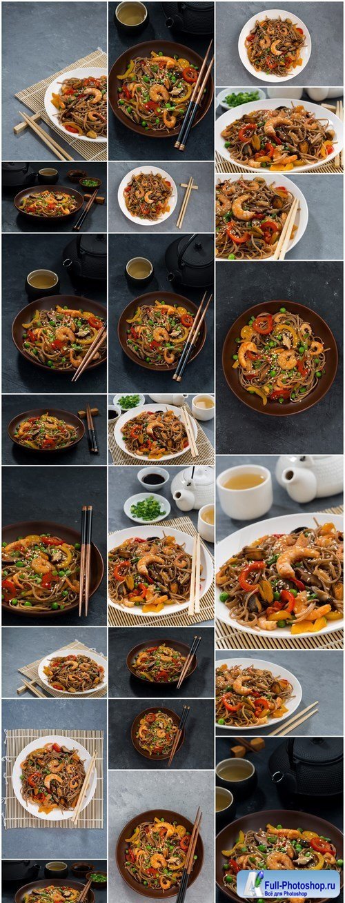 Asian buckwheat noodles with seafood and vegetables - 23xUHQ JPEG