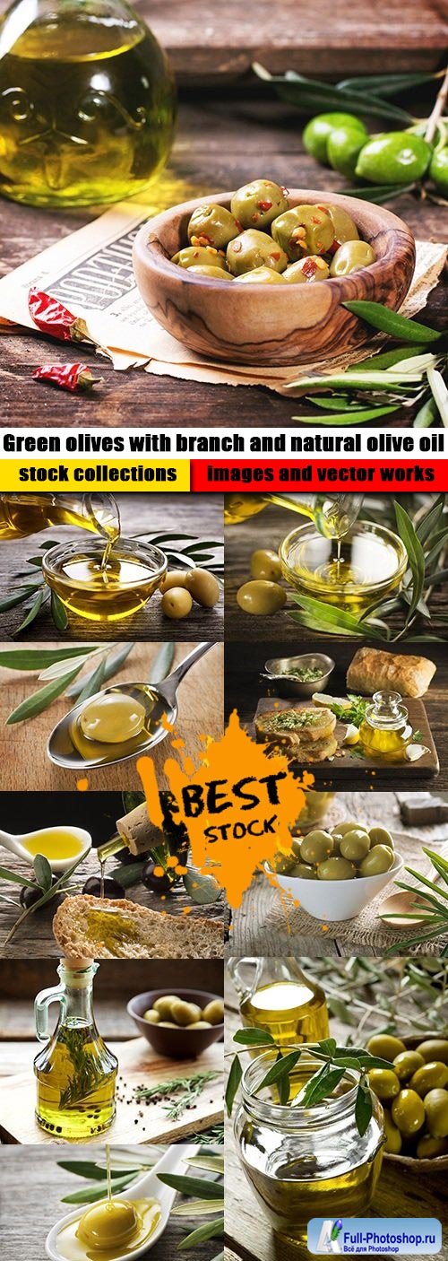 Green olives with branch and natural olive oil