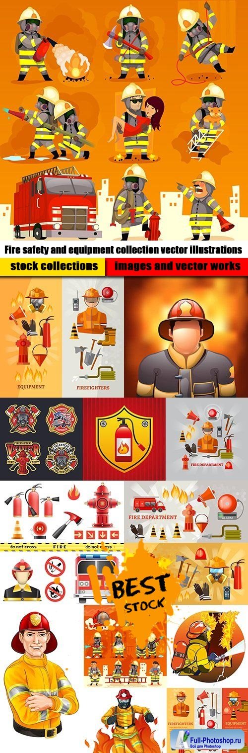 Fire safety and equipment collection vector illustrations