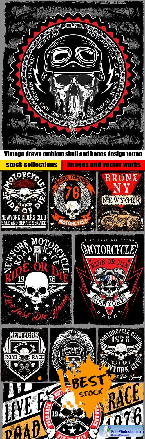 Vintage drawn emblem skull and bones design tattoo