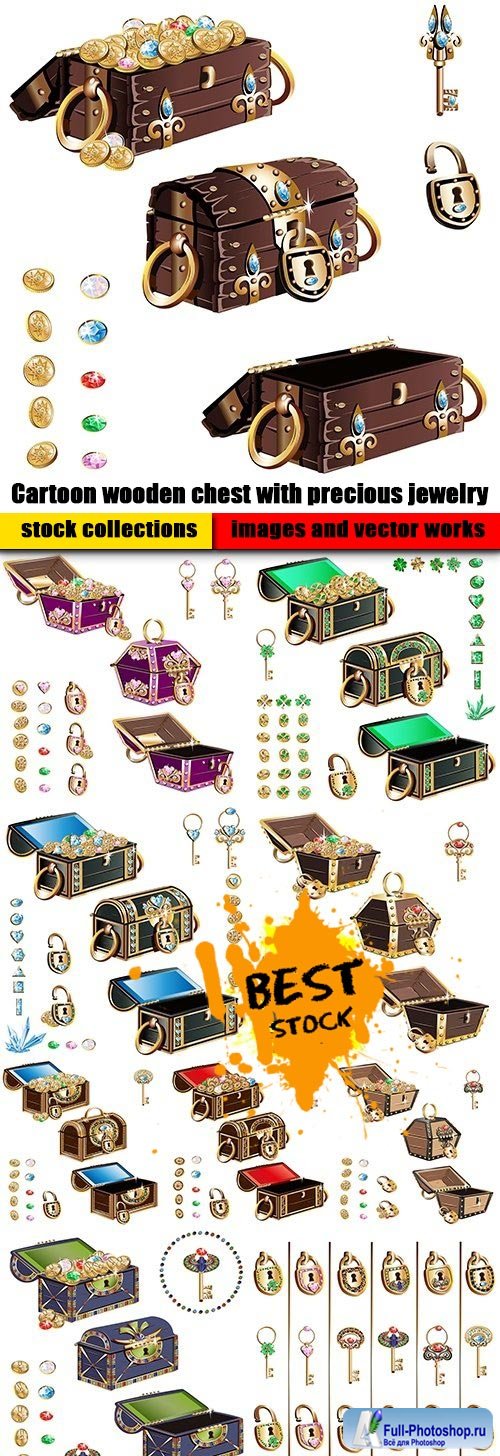 Cartoon wooden chest with precious jewelry