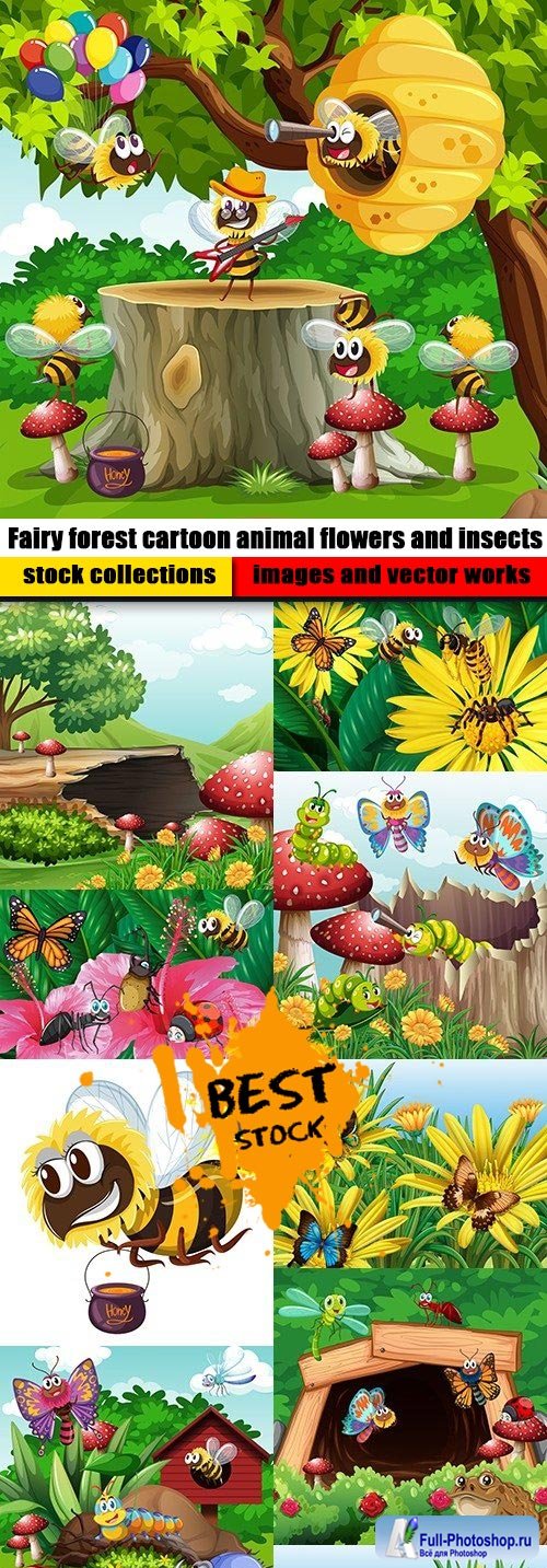 Fairy forest cartoon animal flowers and insects