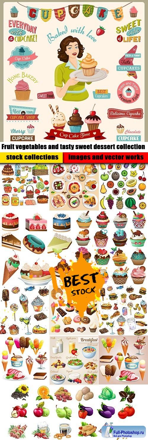 Fruit vegetables and tasty sweet dessert collection