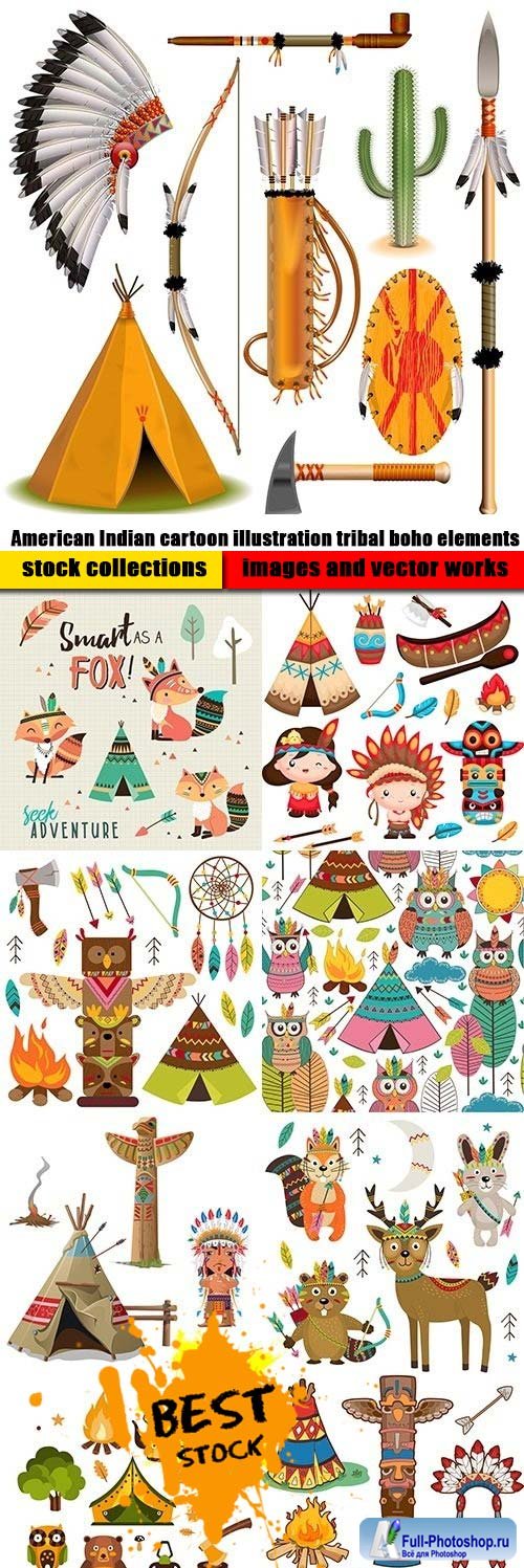 American Indian cartoon illustration tribal boho elements