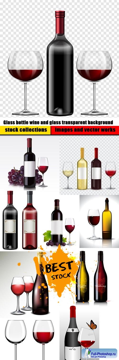 Glass bottle wine and glass transparent background