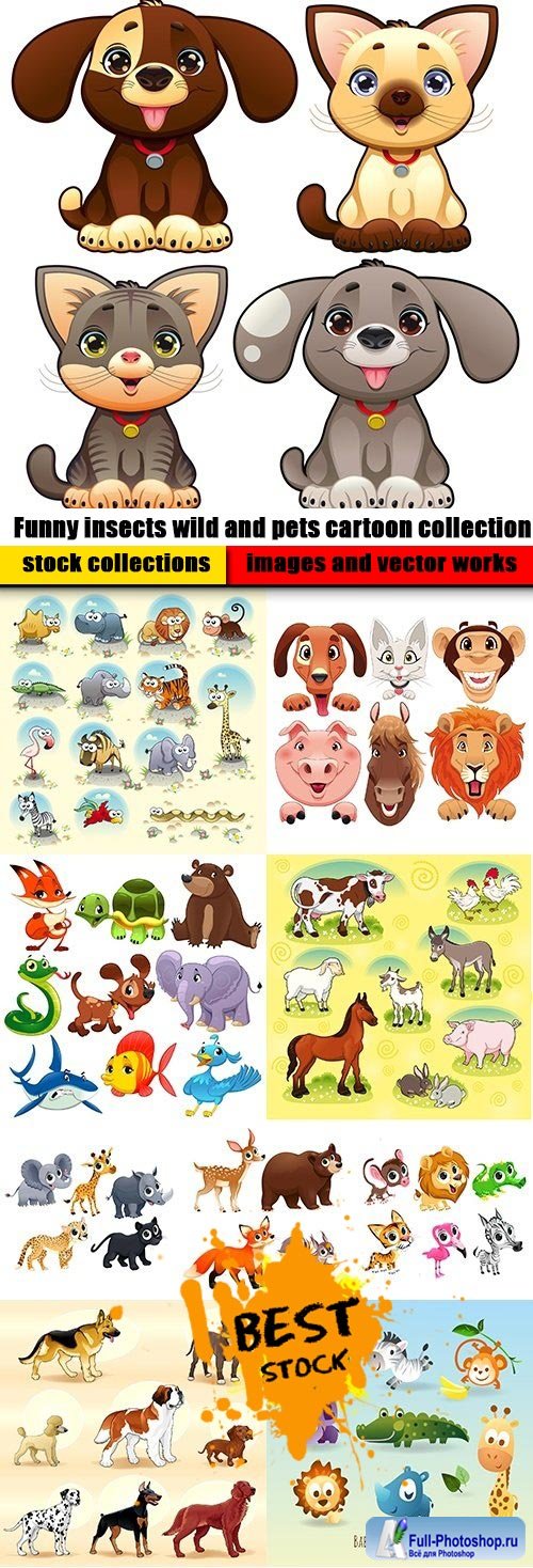 Funny insects wild and pets cartoon collection