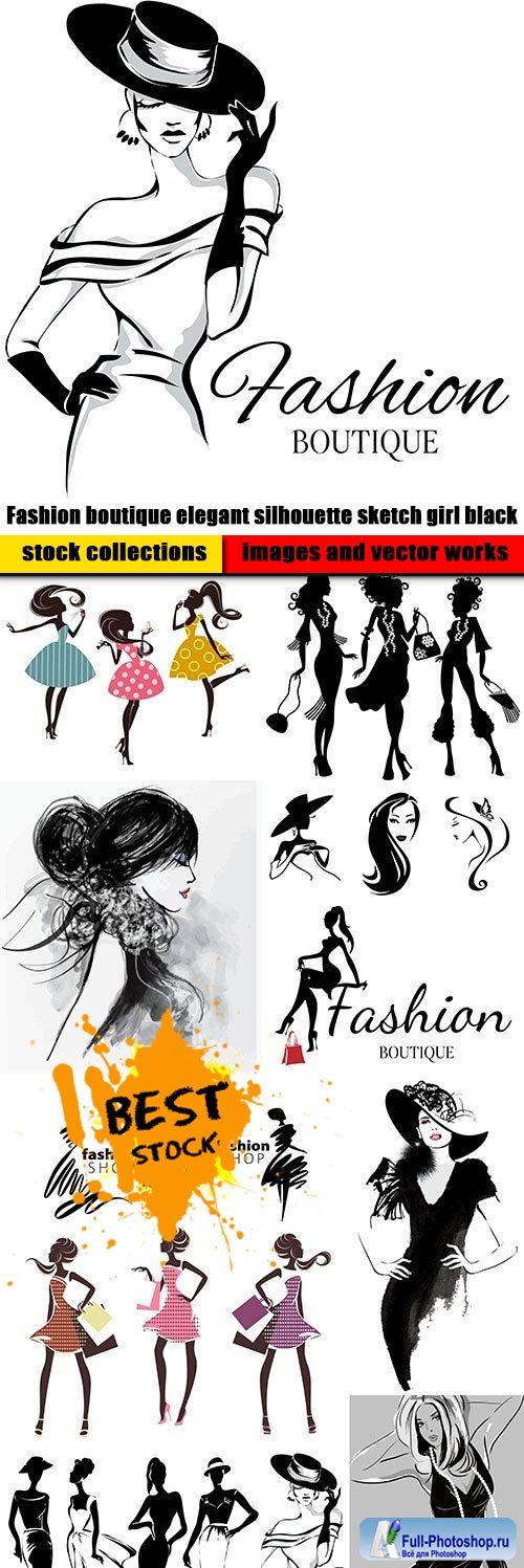 Fashion boutique elegant silhouette sketch girl black