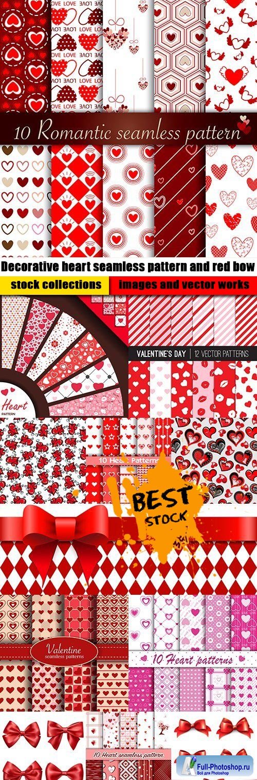 Decorative heart seamless pattern and red bow