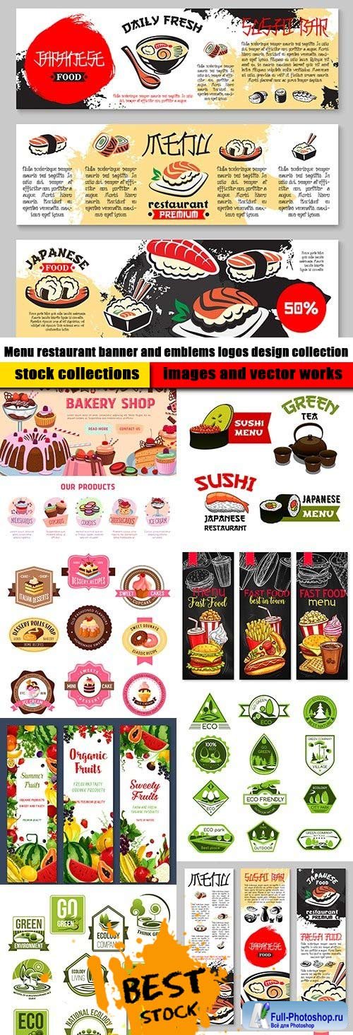 Menu restaurant banner and emblems logos design collection