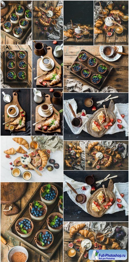 Breakfast with croissants & Tiramisu dessert in glasses with cinnamon - 16xUHQ JPEG Photo Stock