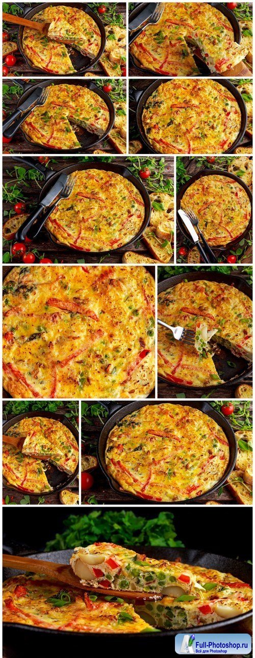Frittata made of eggs, potato, bacon, cheese in iron pan. on wooden table - 12xUHQ JPEG