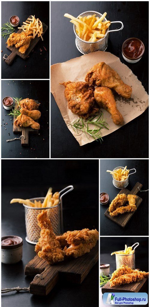 Fried chicken legs with fried potatoes - 6xUHQ JPEG