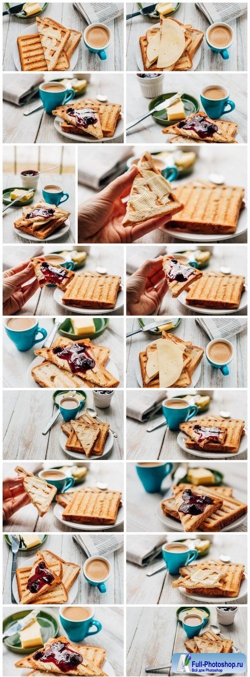 Breakfast with coffee, toasts, butter and jam - 20xUHQ JPEG