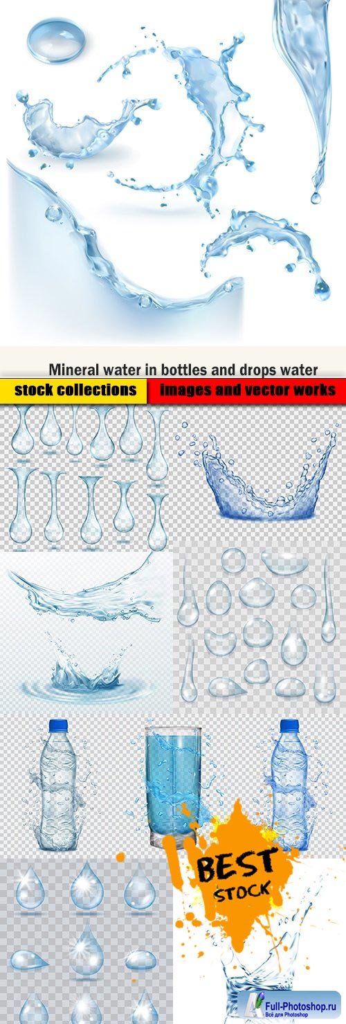Mineral water in bottles and drops water