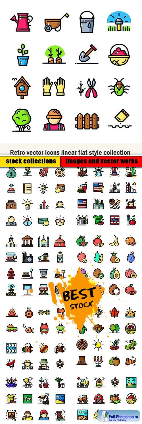 Retro vector icons linear flat style collection